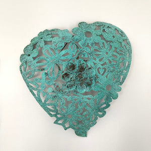 Green patina lace copper heart
